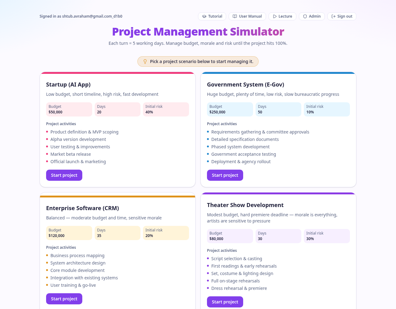Home page showing the four colourful project scenario cards